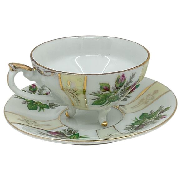 Vintage Pink Rose Tea Cup and Saucer 3 Footed Geometric‎ Lusterware Gold Trim - Picture 6 of 9